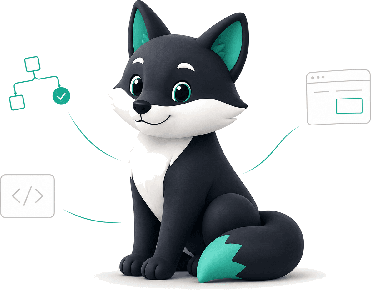 anvaya labs mascot beside a flowchart, code, and a browser window