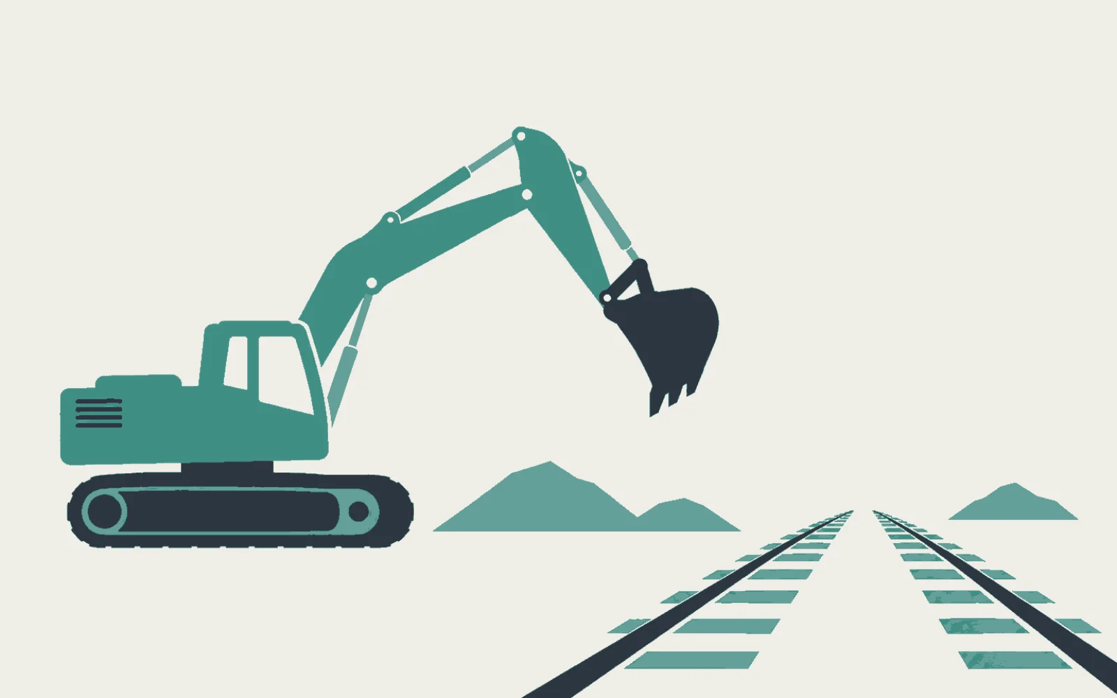 Illustration of an excavator beside railway track running to the horizon over earthwork mounds.