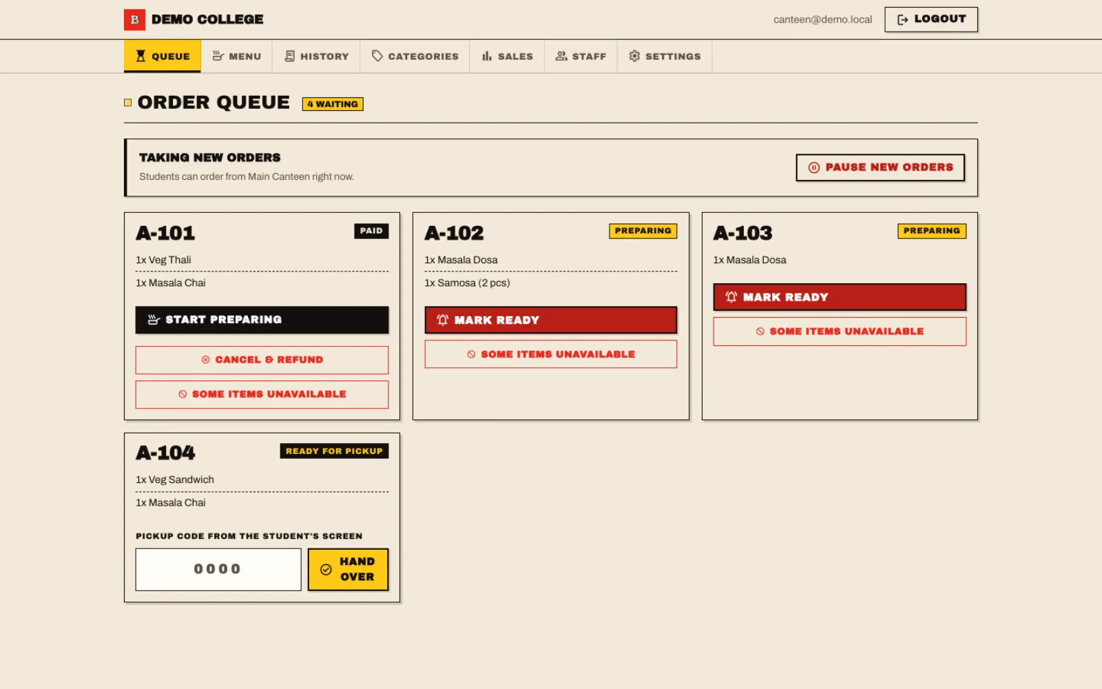 Canteen order queue with four live orders and their state transitions.