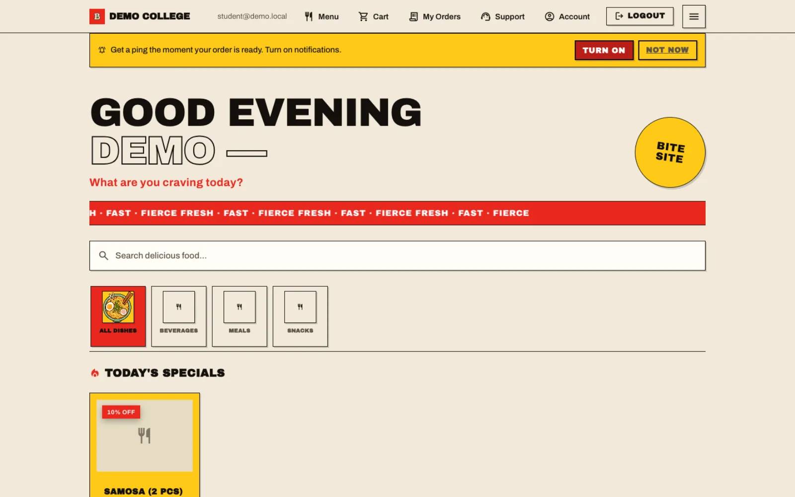 Student menu branded for Demo College with categories and daily specials.