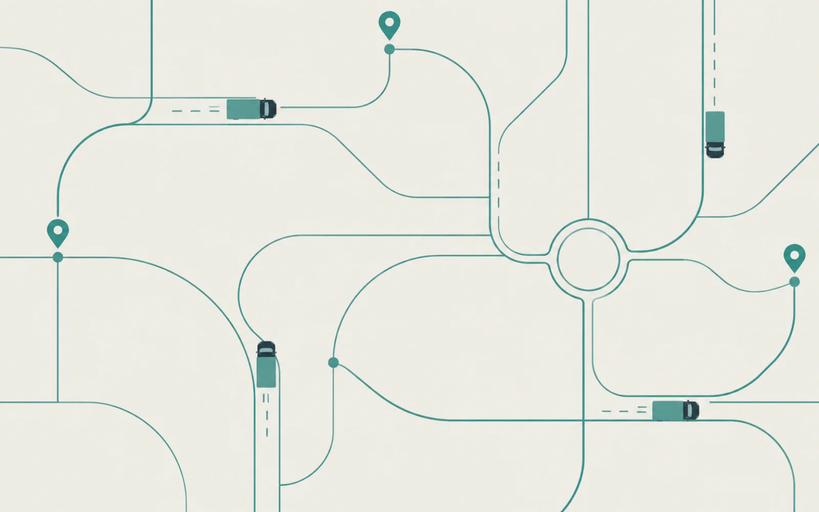 Illustration of a city road network with delivery vehicles moving along routed paths.