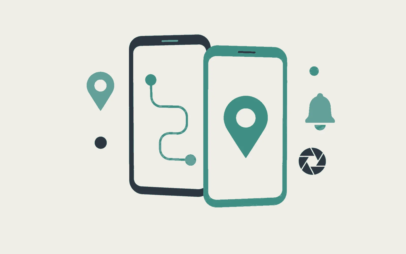 Illustration of two phones showing a delivery route and a location pin, with location, notification, and camera glyphs.