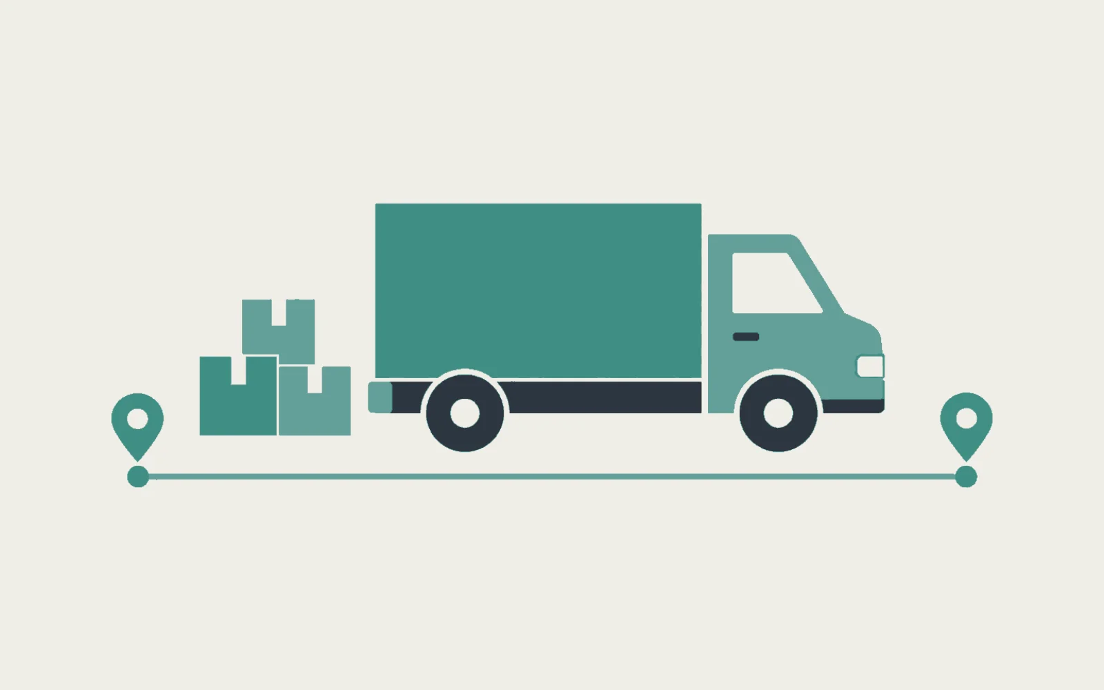 Illustration of a delivery truck and stacked parcels travelling a route between two pins.