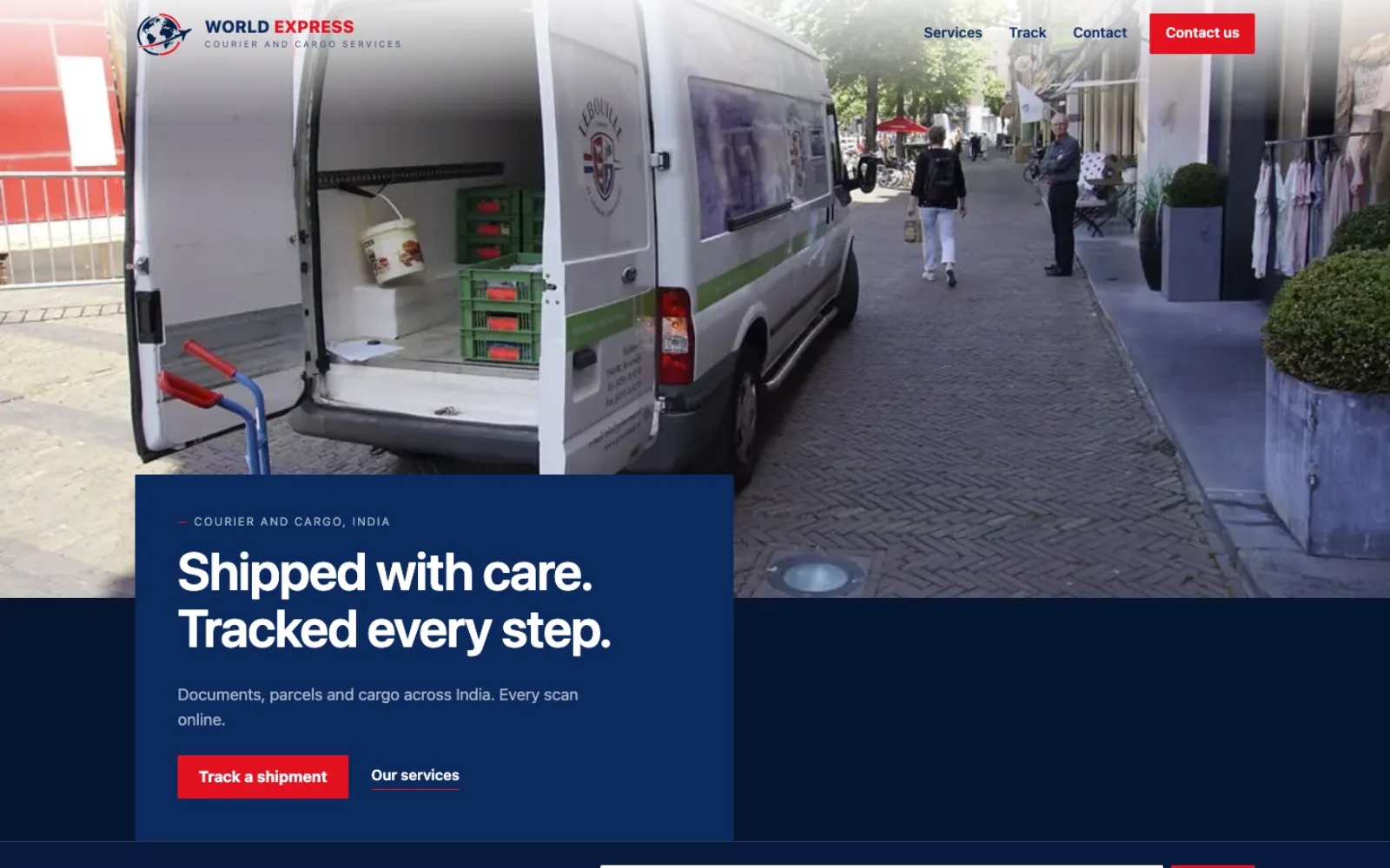 World Express homepage with its courier and cargo hero and tracking call to action.
