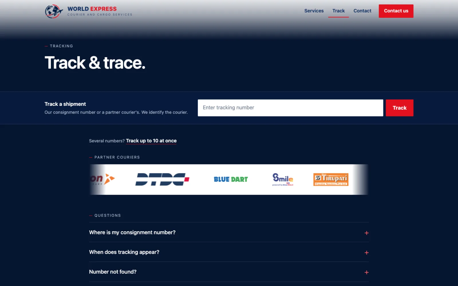Tracking page with a single lookup field, bulk tracking link, and partner courier logos.