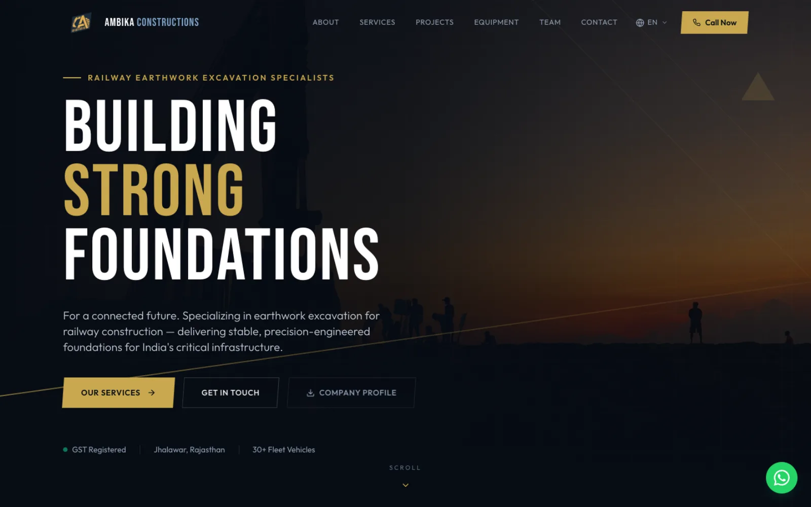Ambika Constructions site with its full-bleed earthwork hero and fleet credentials.